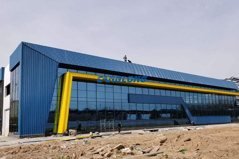 Completed industrial plant with full glass curtain wall in Skopje, North Macedonia