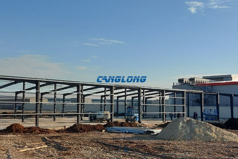 Completed steel frames and secondary framing at the Skopje industrial plant project in North Macedonia