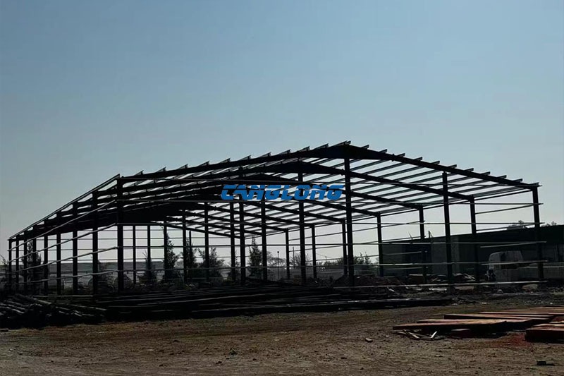 Portal frame steel skeleton for the Zambia warehouse before cladding installation